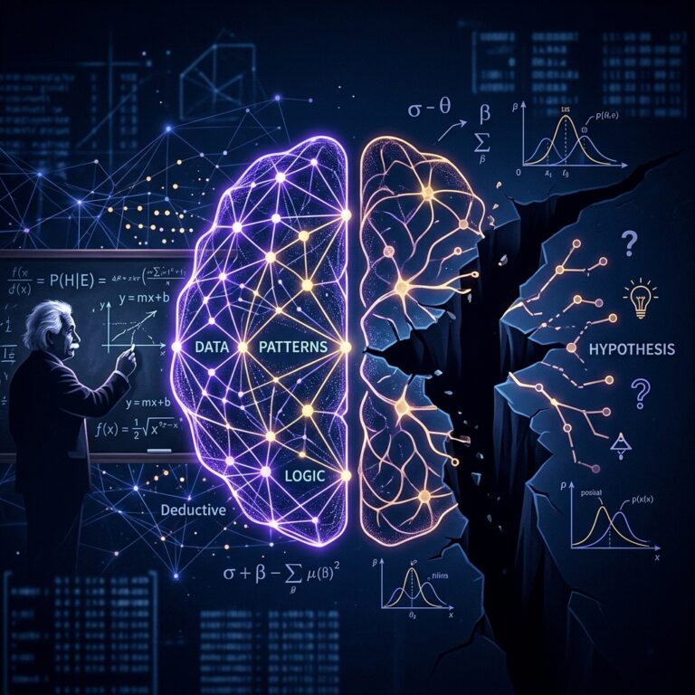 Red neuronal dividida simbolizando la brecha entre inducción/deducción y la abducción creativa — concepto del paper de Tom Zahavy, Google DeepMind