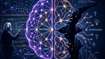 Red neuronal dividida simbolizando la brecha entre inducción/deducción y la abducción creativa — concepto del paper de Tom Zahavy, Google DeepMind