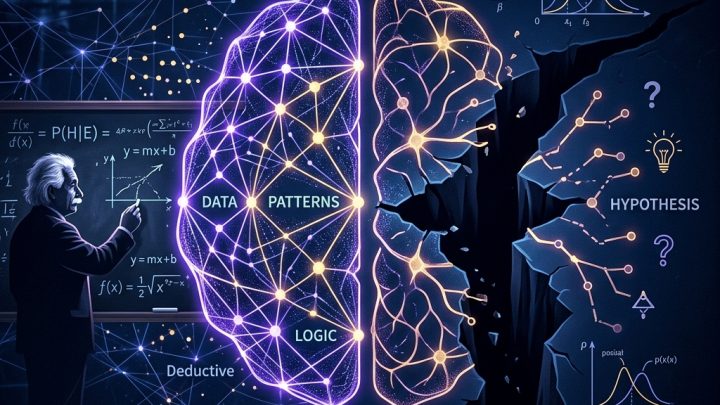 Red neuronal dividida simbolizando la brecha entre inducción/deducción y la abducción creativa — concepto del paper de Tom Zahavy, Google DeepMind
